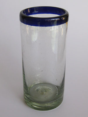 VIDRIO SOPLADO / Juego de 6 vasos Jumbo con borde azul cobalto